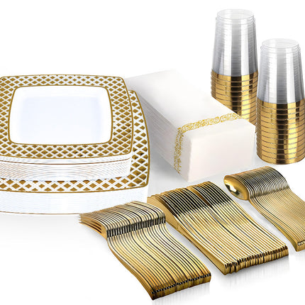 175pcs Food-Grade Wedding Event Banquet Disposable Tableware Dinnerware Gold-Edged Plastic Cutlery Pack of 25 Dining Sets Square Plates Cutlery Napkins