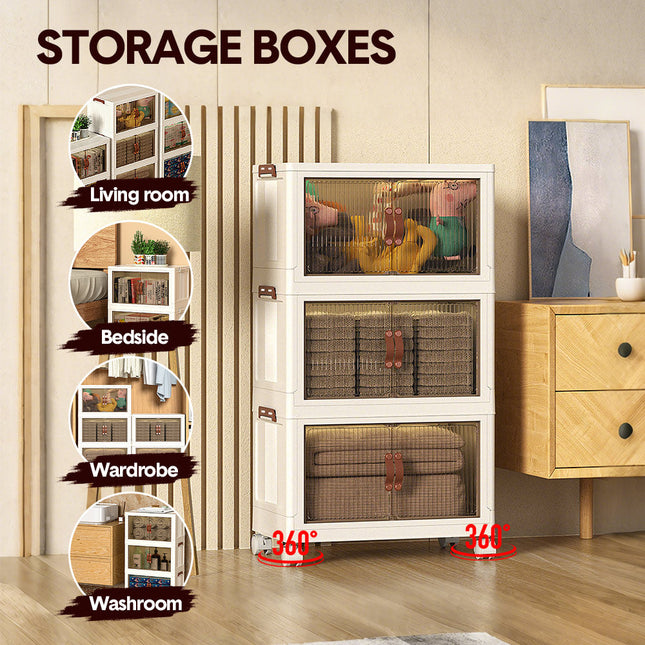 Foldable Storage Cabinet Stackable Bins Household Plastic Closet Multi-purpose Organizer Doors and Top Lid 2 Way Opening with 360 Degree Rotatable Wheels