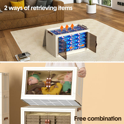 Foldable Storage Cabinet Stackable Bins Household Plastic Closet Multi-purpose Organizer Doors and Top Lid 2 Way Opening with 360 Degree Rotatable Wheels