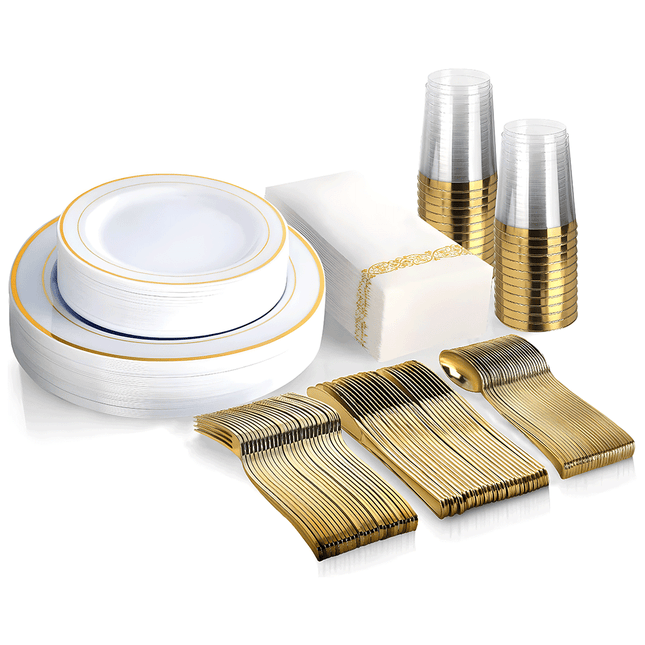 175pcs Food-Grade Wedding Event Banquet Disposable Tableware Dinnerware Gold-Edged Plastic Cutlery Pack of 25 Dining Sets Plates Cutlery Napkins