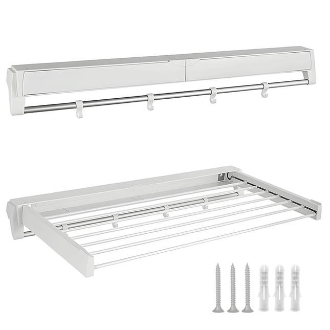 Alston Wall Mounted Drying Rack Clothes Airer Space Saver Folding Dryer Bearing Capacity 12KG Foldable Rail With Hooks Indoor Outdoor Balcony Laundry White