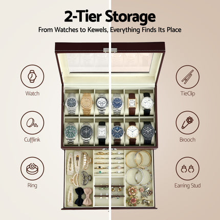 Embellir 12 Grids Watch Box Organizer Case Jewelry Display Storage Showcase