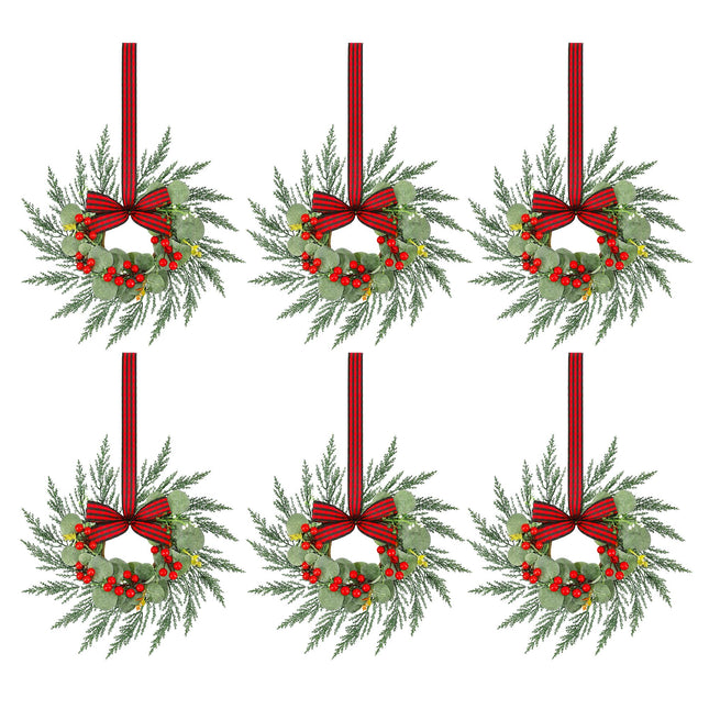 Jingle Jollys 6x Christmas Wreath Garland 26cm Pre-lit Wreaths Red Berries Bow