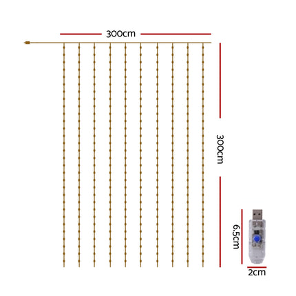 Jingle Jollys 3X3M Christmas Lights Curtain String Light 300 LED Cool White