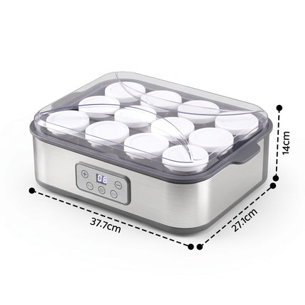 Devanti Yoghurt Maker Machine with 12x180ml Glass Cups Temp Control Grey