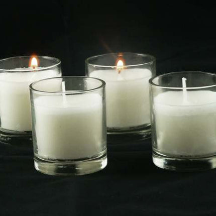 10 White Wax Clear Glass Holder Votive Candle - Wedding Event Centrepiece Table Decoration